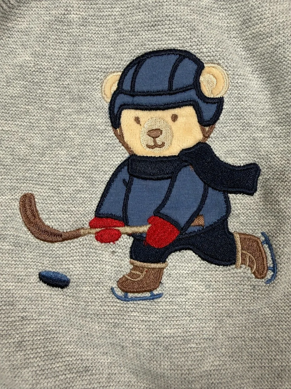 LITTLE ME Hockey Bear Knit Sweater 6M Gray Cotton Baby Pullover Winter Bear